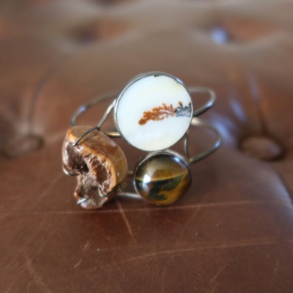 Melissa Joy Manning OOAK sterling silver, tigers eye, agate & fossil cuff MJM - Picture 2 of 16